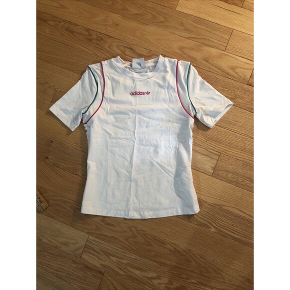 Woman’s Adidas Slim Tee T-Shirt Size Small With Hints Of Pink And Green NWOT - Picture 1 of 9